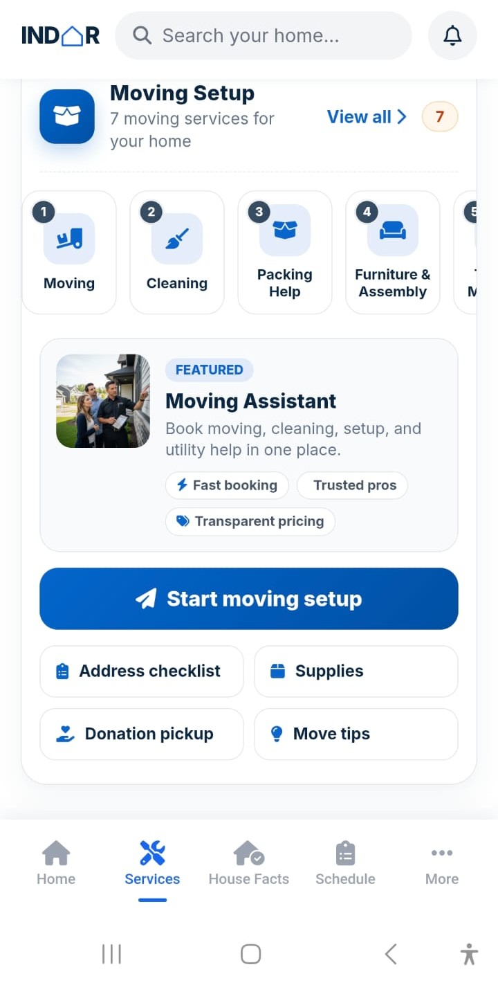 Indor Moving Setup screen showing moving, cleaning, packing help and furniture assembly services