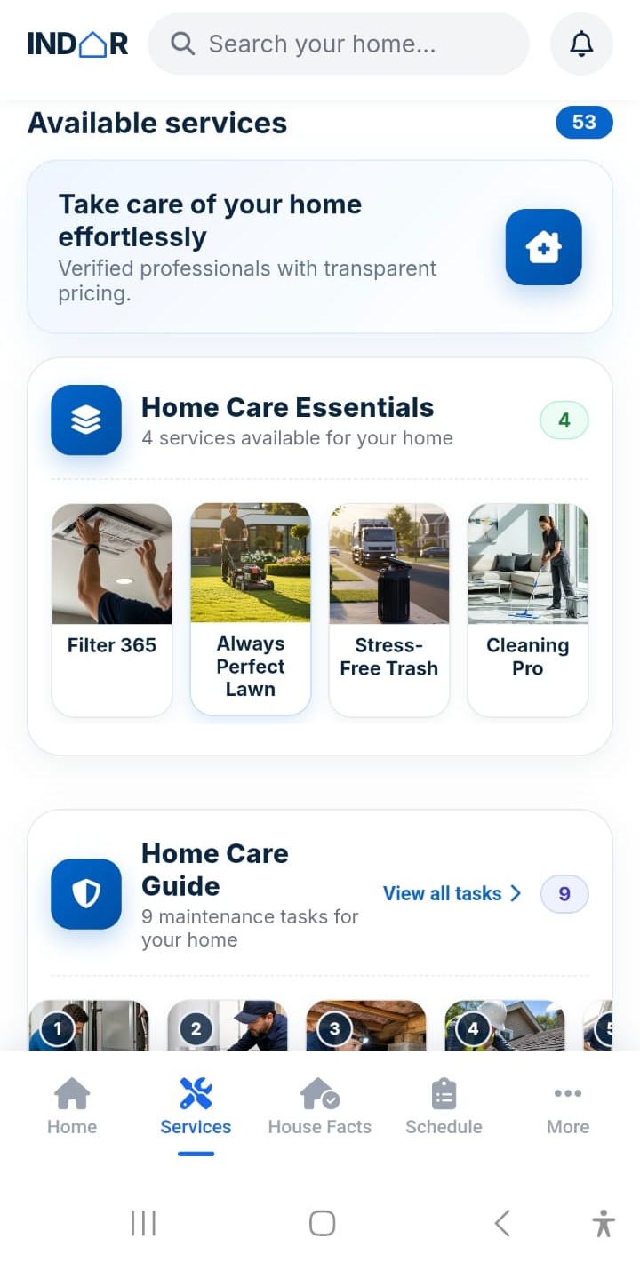 Indor Services screen showing home care essentials, cleaning, lawn and maintenance options